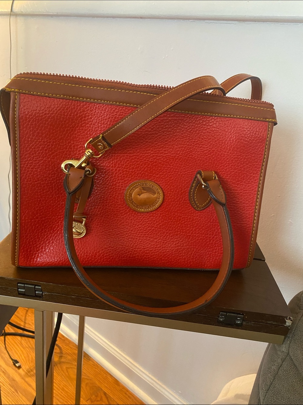 Dooney & Bourke Red Pebble Leather Tote with Tan Trim and Gold Hardware